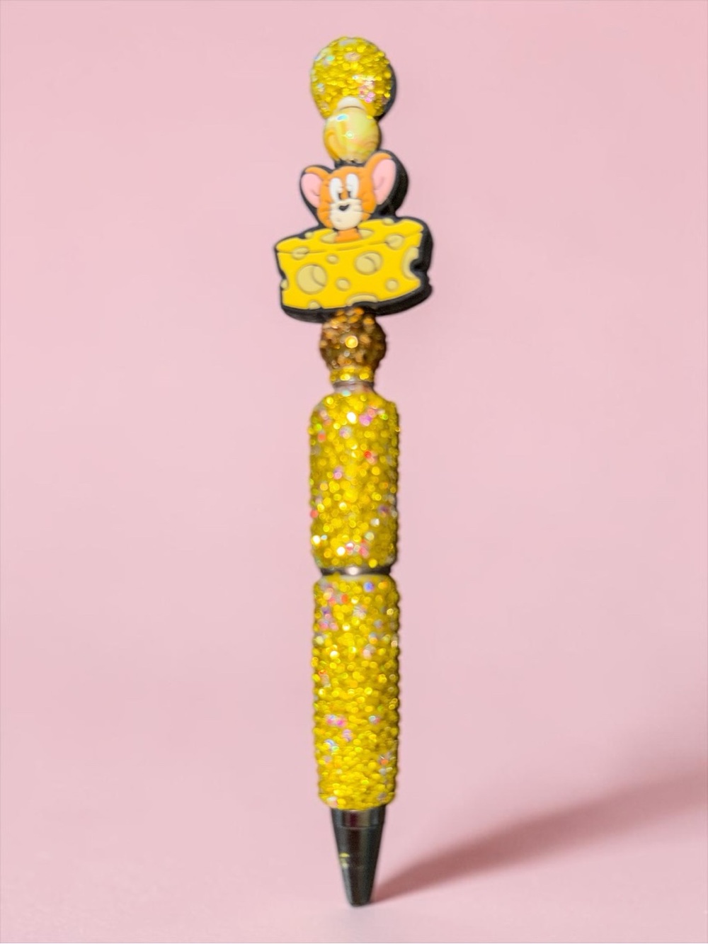 Yellow Sparkle Desk Pen with Cartoon Mouse & Cheese Charm
